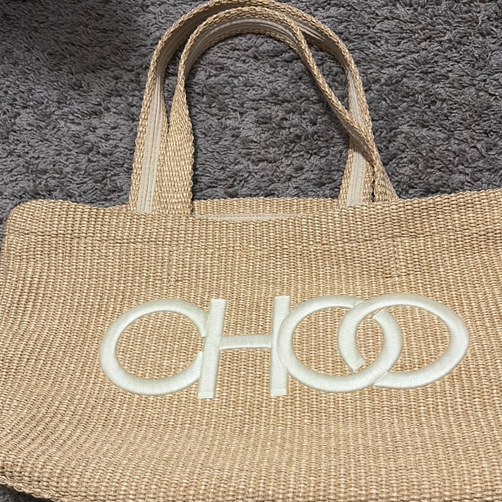 Jimmy Choo Tan and White Tote Bag